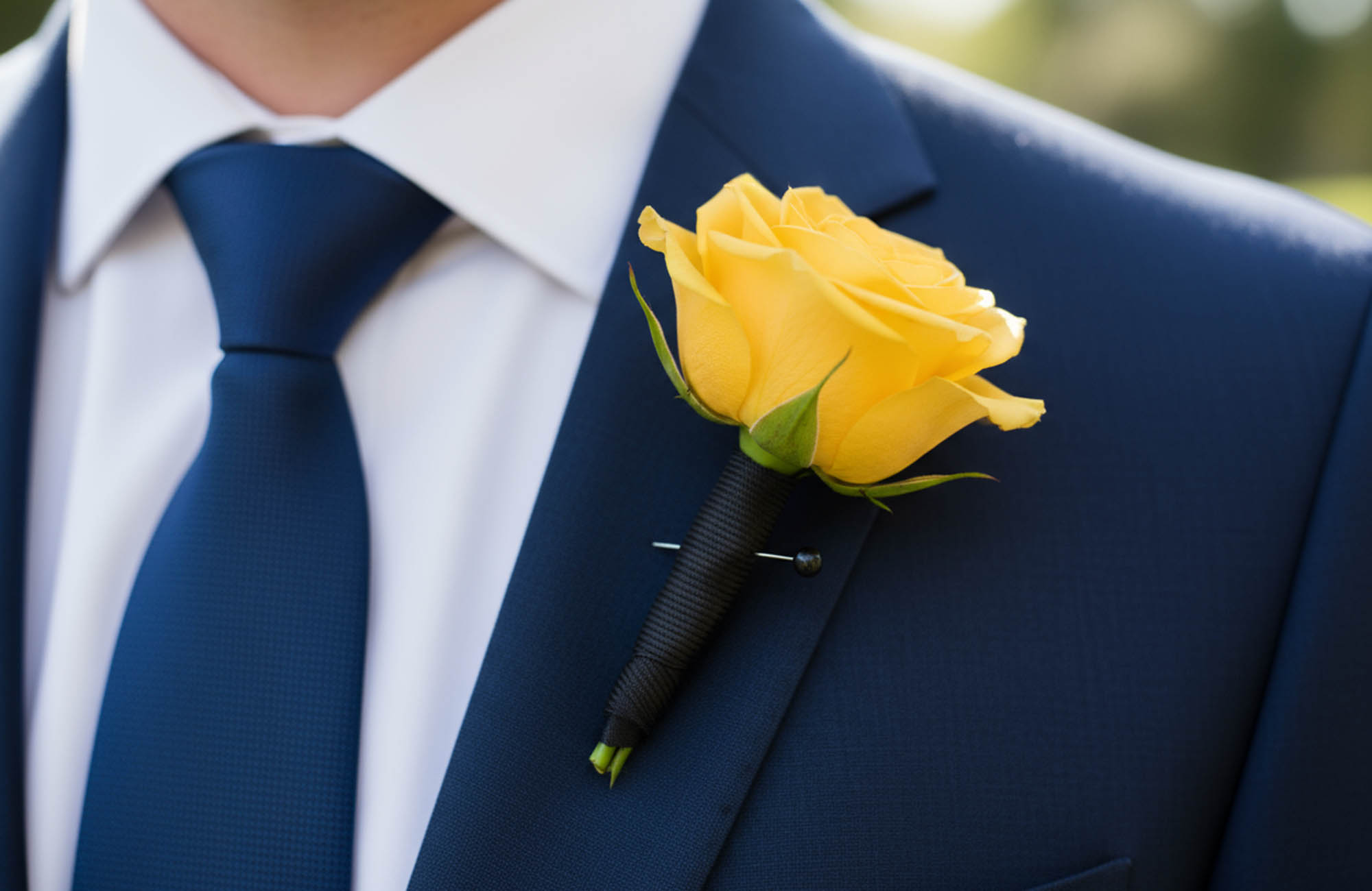 Navy blue suit navy tie and white shirt on gentlemen at spring racing carnival with a yellow rose buttonhole