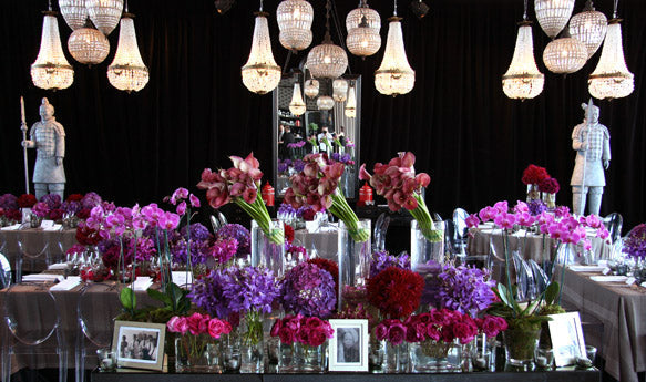 Wedding flowers at Melbourne reception venue Luminare featuring Pink and purple tones