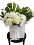 A close up of a large bouquet of white hydrangeas and green foliages wrapped beautifully in our Kate Hill Flower bag which is sitting on a black bentwood chair and white background.