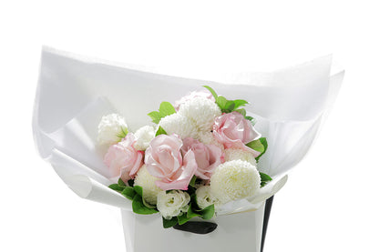 Close up of SERENITY small pastel flower bouquet in blush and white by Kate Hill Flowers Melbourne