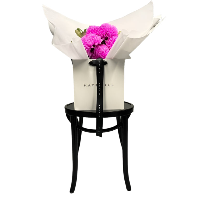 Bouquet of hot pink flowers in a white flower bag sitting on a black bentwood chair with a white wall background.
