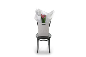 A bunch of 10 pink tulips wrapped beautifully in white signature wrapping paper and bouquet is placed into Kate Hill gift bag for presentation. Bag of pink tulips sitting on a black bentwood chair for photograph. Bouquet stands approximately 45cm tall on chair.