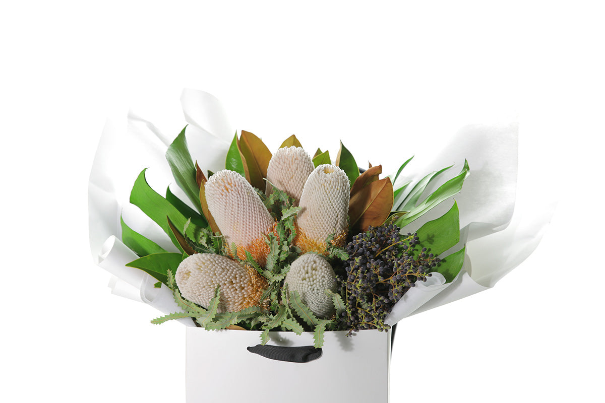 Close up image of A seasonal native bouquet pictured with banksias and seasonal foliage. Bouquet sitting on a black bentwood chair with white background.