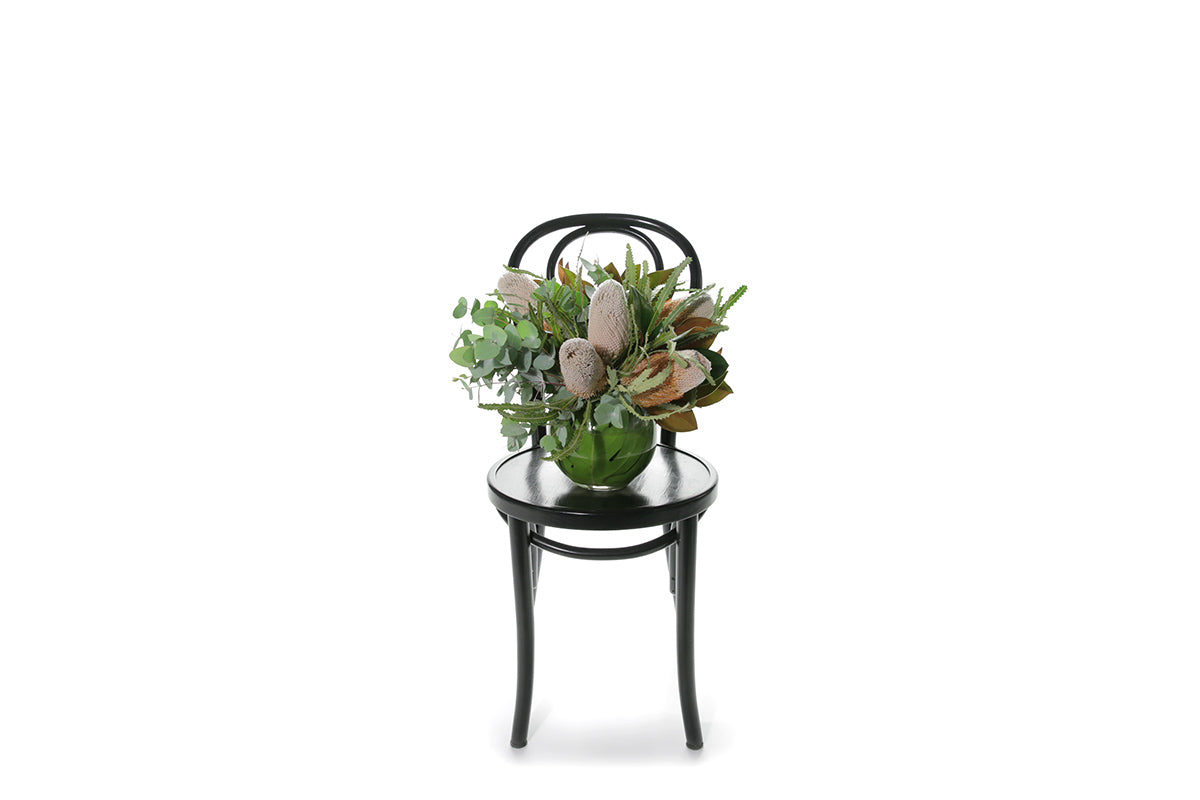 Kate Hill Flowers – native ball-vase design with Banksia, Protea, eucalyptus and magnolia foliage.