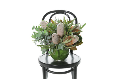 Kate Hill Flowers – native ball-vase design with Banksia, Protea, eucalyptus and magnolia foliage.