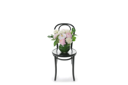 Kate Hill Flowers – pastel ball-vase birthday design with blush chrysanthemums, white roses, orchids and lush foliage.