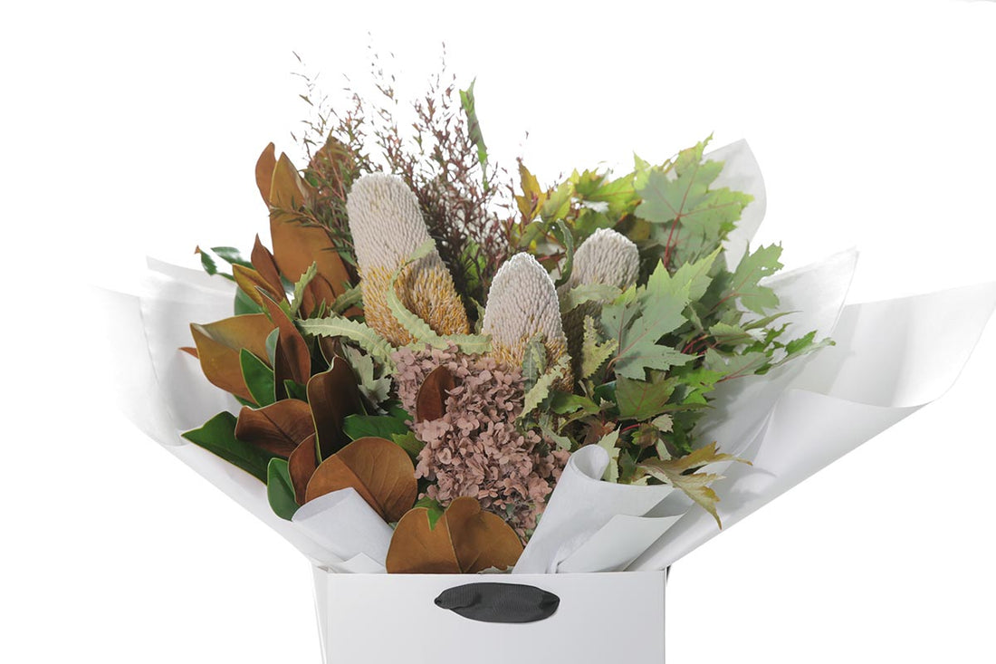 Kate Hill Flowers – large Banksia and dried hydrangea bouquet with native foliage, hand-tied.