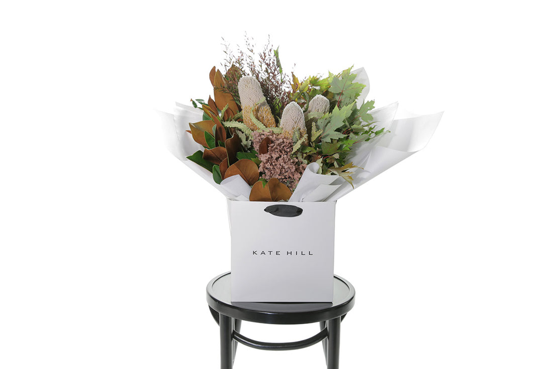 Kate Hill Flowers – large Banksia and dried hydrangea bouquet with native foliage, hand-tied.