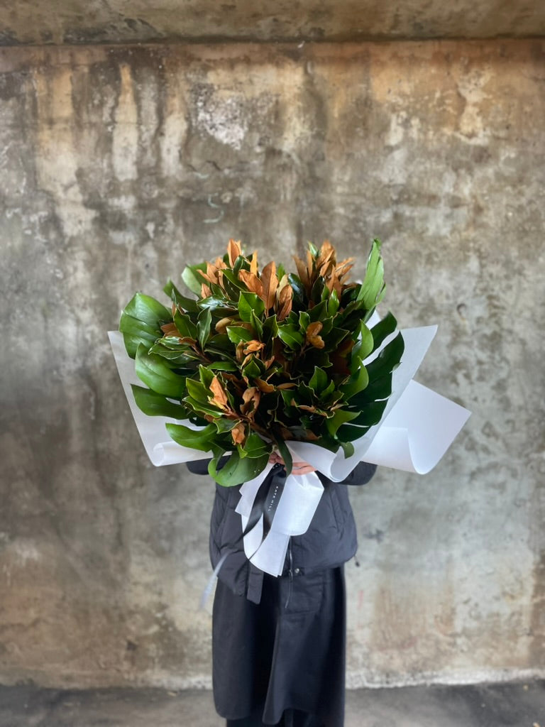 Florist holding a A large bouquet of magnolia foliage and monsteria leaves. Florist standing in front of concrete wall.