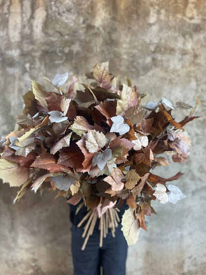 Florist wearing black holding a big bunch of Artificial stems of faux maple foliage, standing in front of a concrete wall.