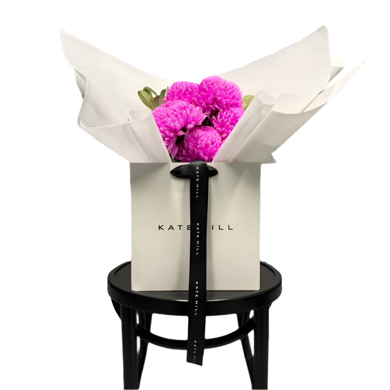 Bouquet of hot pink flowers in a white flower bag sitting on a black bentwood chair with a white wall background.