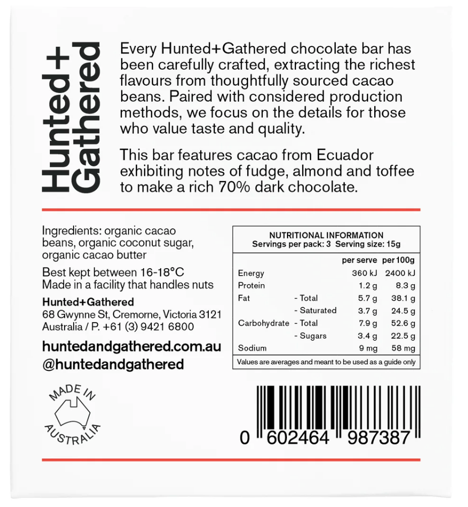 Hunted + Gathered Ecuador 70% Chocolate Bar