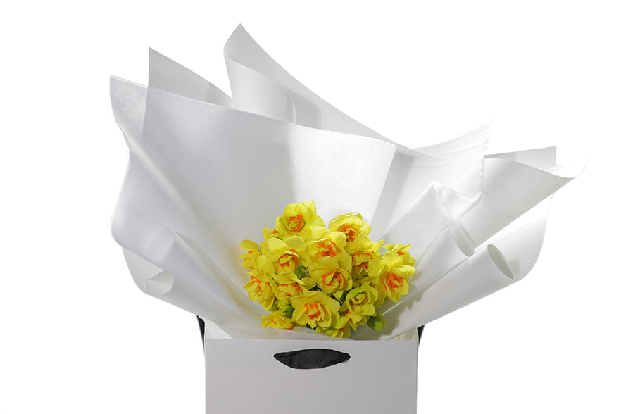 Close up image of the DAFFODIL flower bunch. Petite posy of wrapped Daffodils, sitting on a black bentwood chair. Classed as a small in size, the DAFFODIL is a hand tied collection of 3 bunches of DAFFODILS which are beautifully gift wrapped in our signature wrapping. Yellow double daffodils in image.