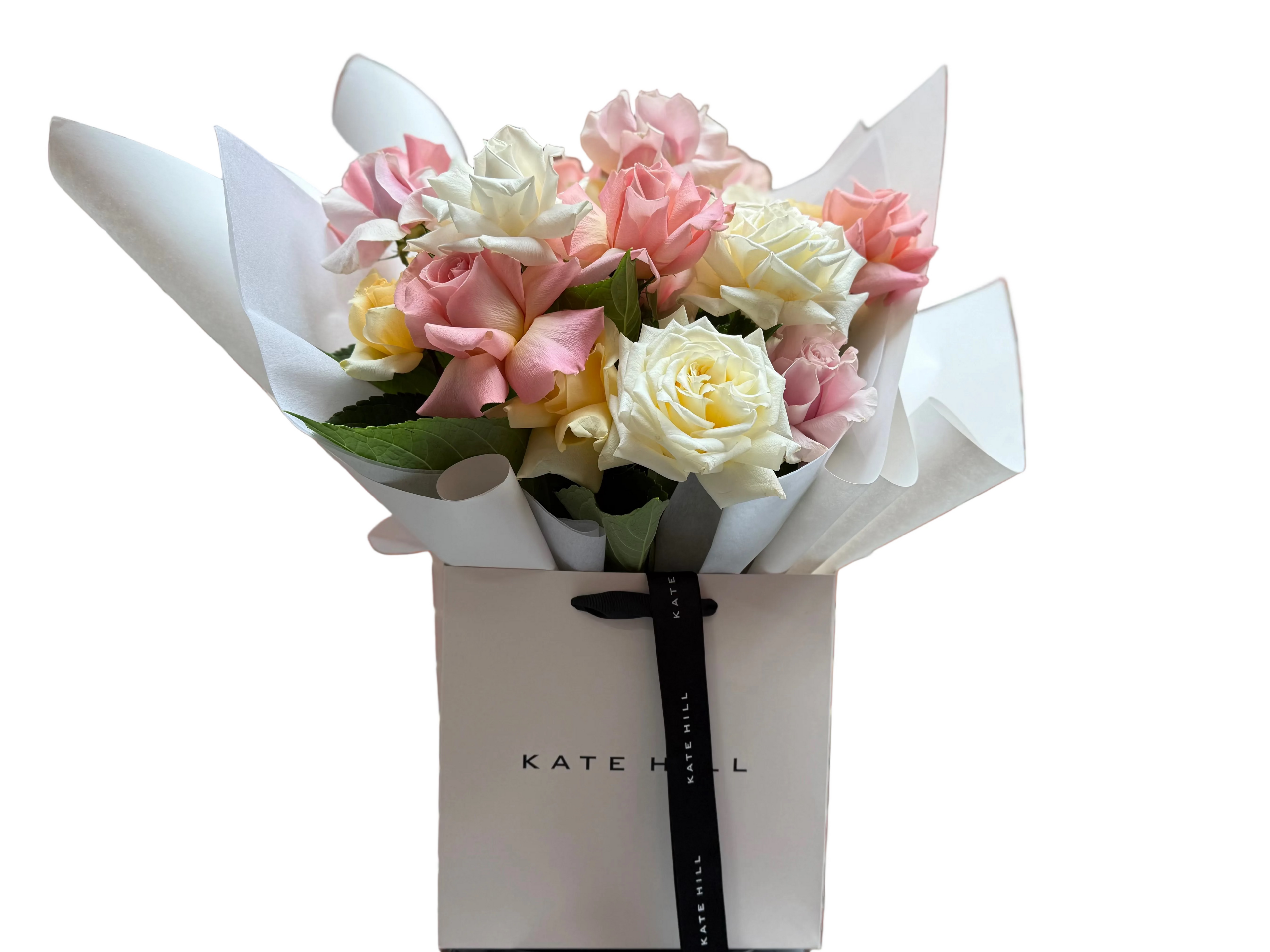 Kate Hill Flowers – February birthday bouquet of soft pastel blush, lemon and cream roses with Melbourne same day flower delivery.