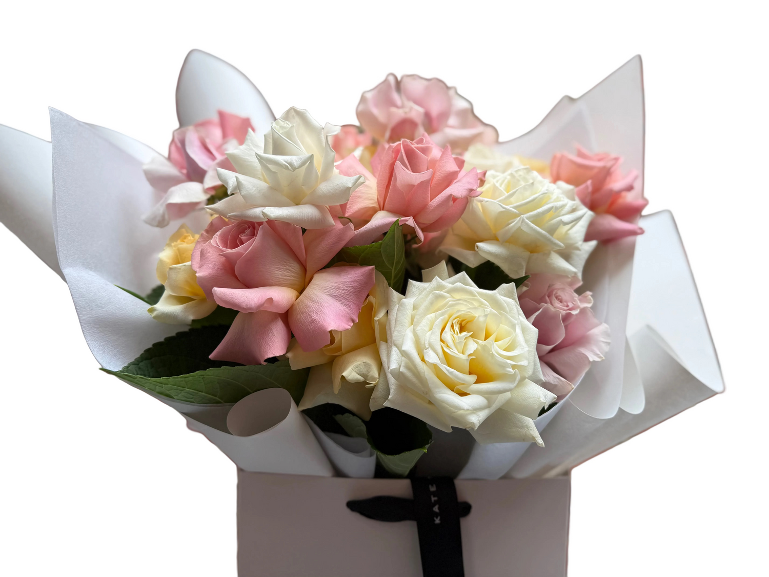 Kate Hill Flowers – February birthday bouquet of soft pastel blush, lemon and cream roses with Melbourne same day flower delivery.
