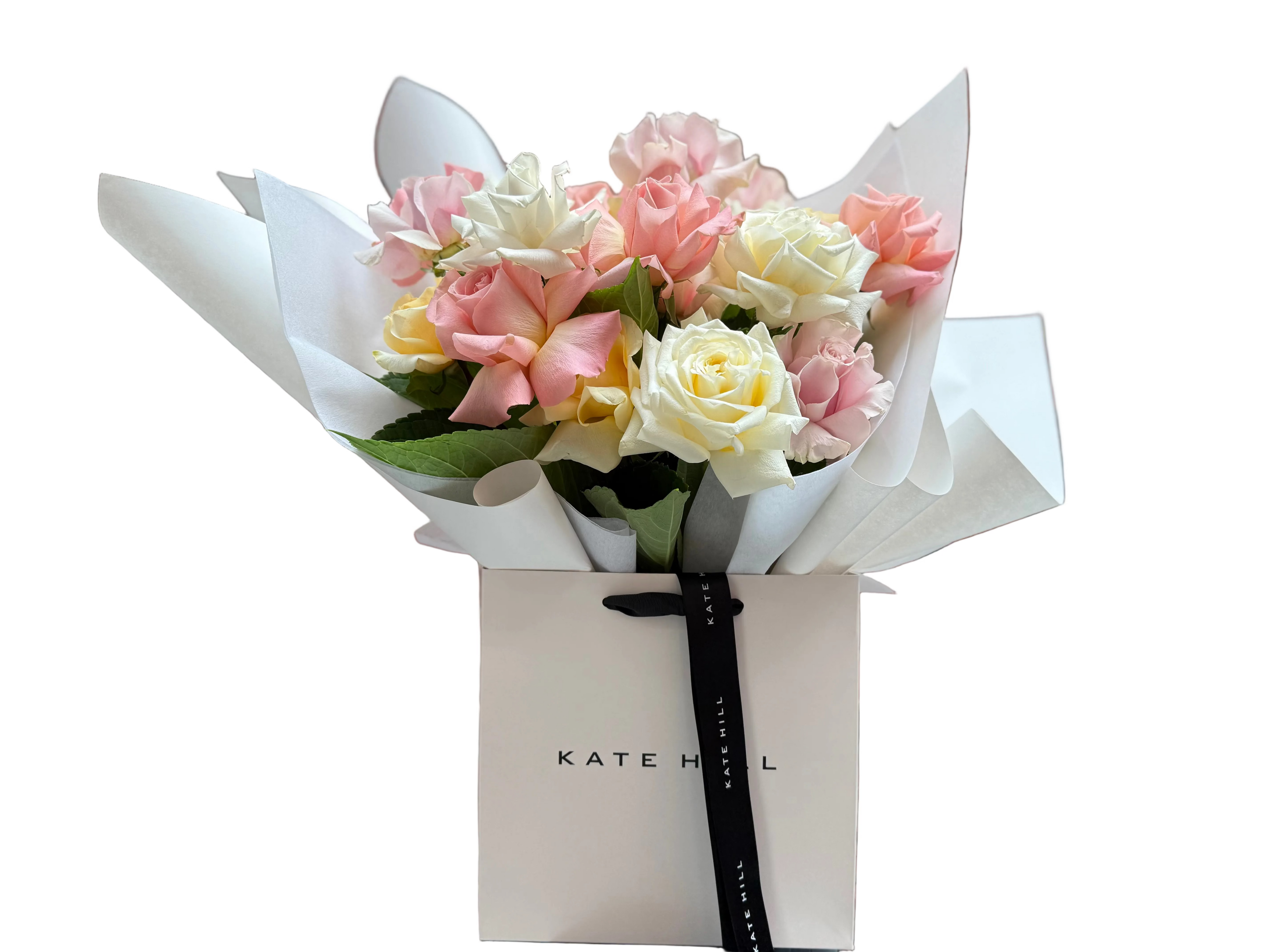 Kate Hill Flowers – February birthday bouquet of soft pastel blush, lemon and cream roses with Melbourne same day flower delivery.