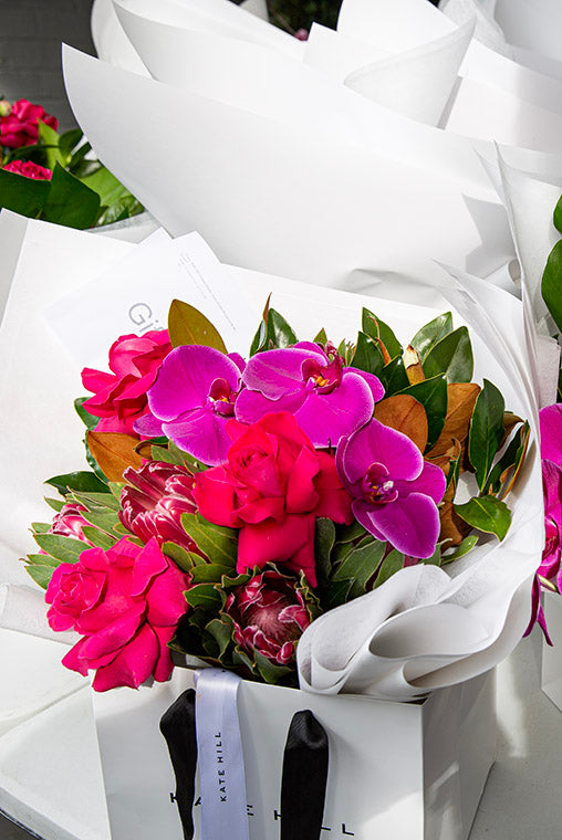 Pink Flower Bouquet in white Kate Hill gift bag for delivery to Bentleigh