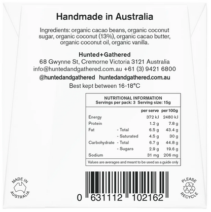 Hunted + Gathered Coconut chocolate bar, back of pack with ingredients and nutrition information