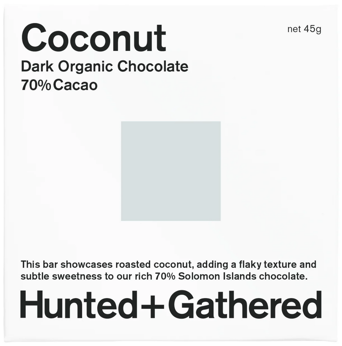 Hunted + Gathered Coconut 70% dark organic chocolate bar, front of pack