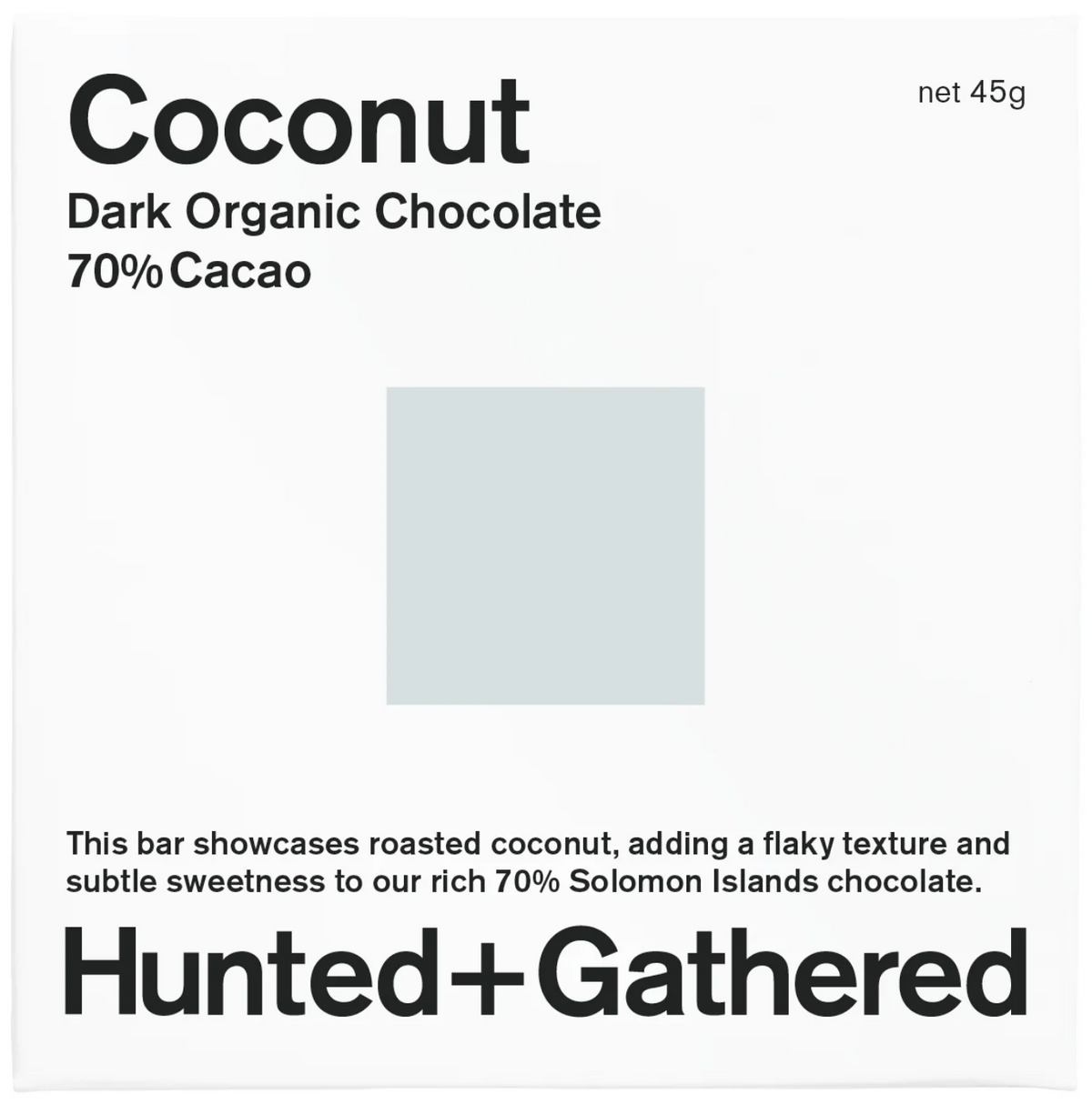 Hunted + Gathered Coconut 70% dark organic chocolate bar, front of pack