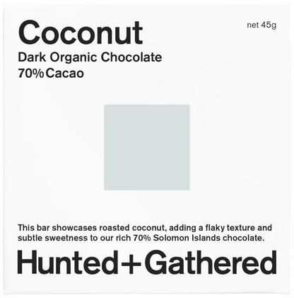 Hunted + Gathered Coconut 70% dark organic chocolate bar, front of pack