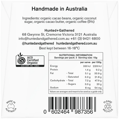 Hunted + Gathered Coffee chocolate bar, back of pack with ingredients and nutrition information