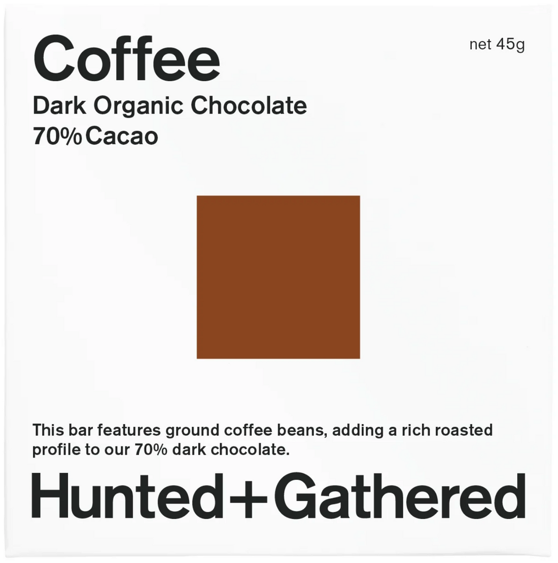 Hunted + Gathered Coffee 70% dark organic chocolate bar, front of pack