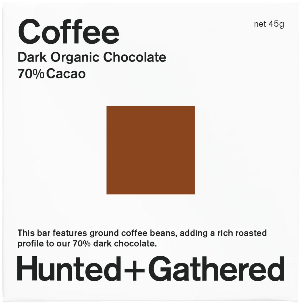 Hunted + Gathered Coffee 70% dark organic chocolate bar, front of pack