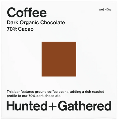 Hunted + Gathered Coffee 70% dark organic chocolate bar, front of pack