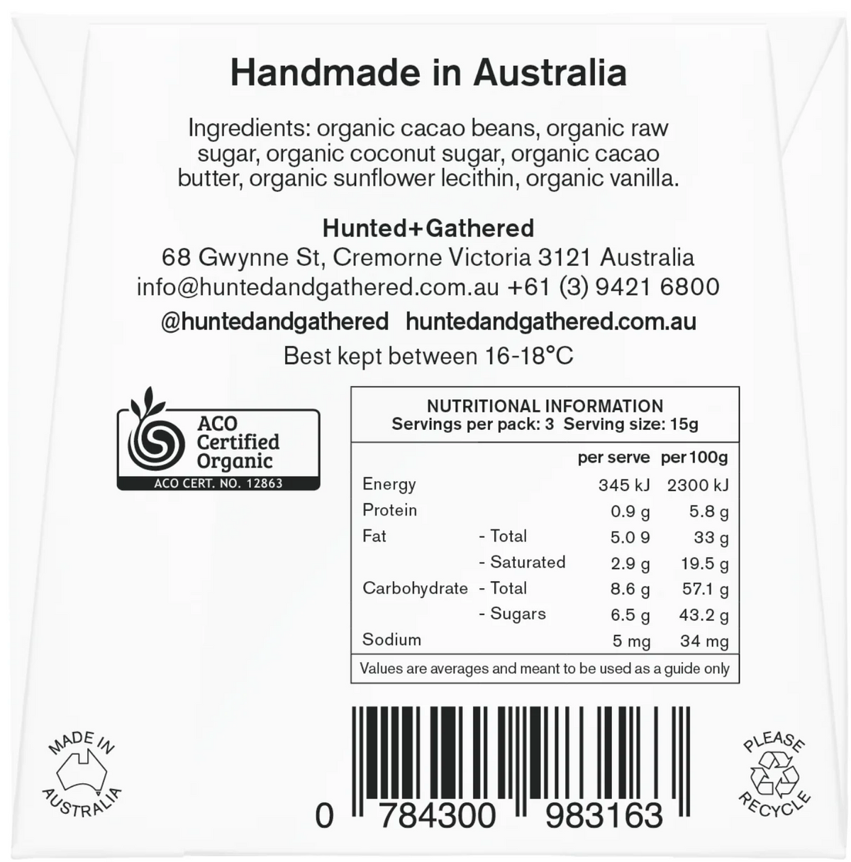 Hunted + Gathered Dominican 55% chocolate bar, back of pack with ingredients and nutrition information