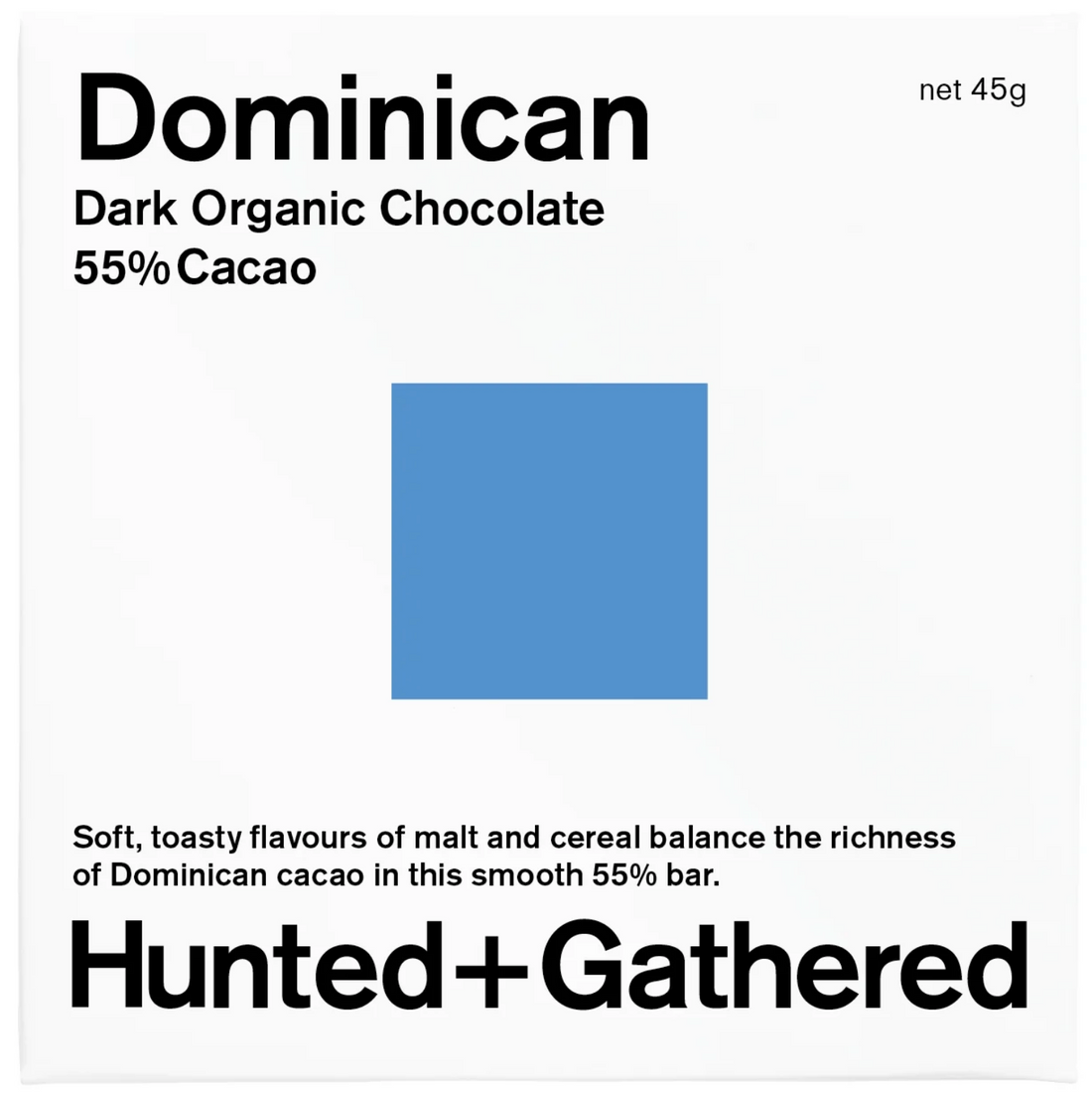 Hunted + Gathered Dominican 55% dark organic chocolate bar, front of pack