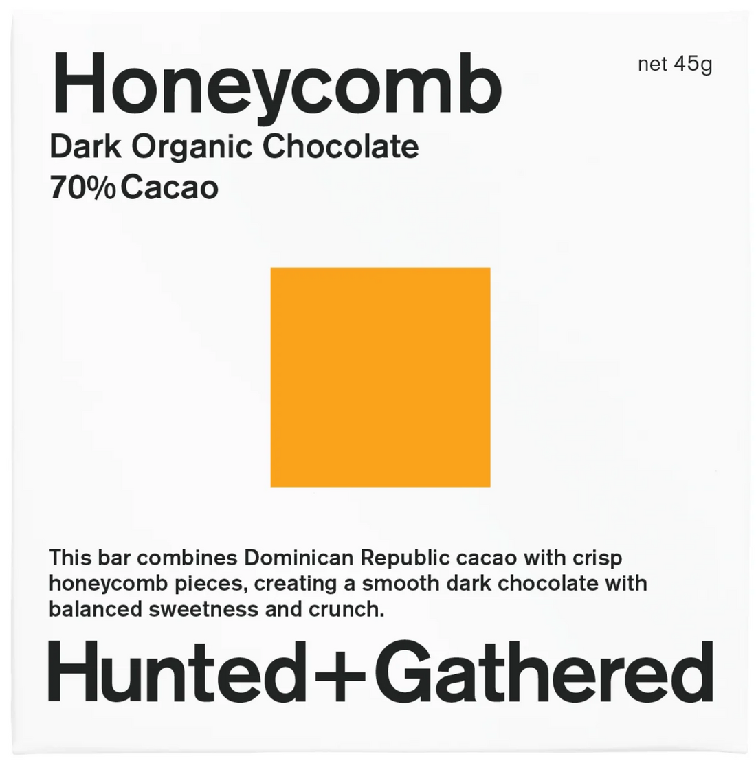 Hunted + Gathered Honeycomb 70% dark organic chocolate bar, front of pack
