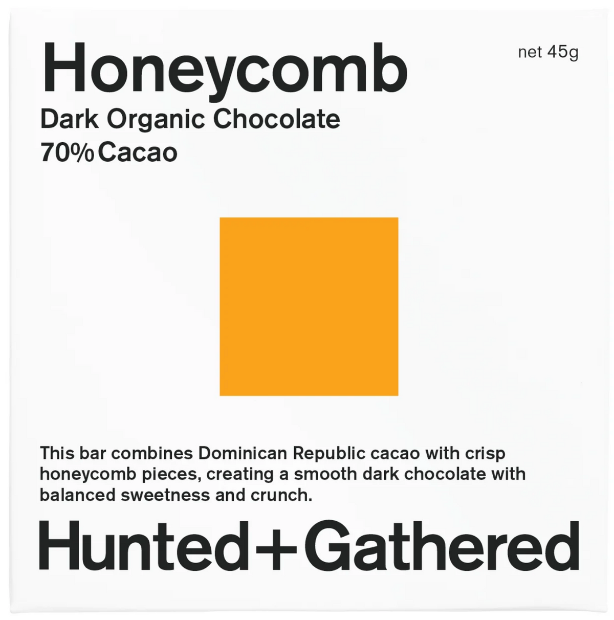 Hunted + Gathered Honeycomb 70% dark organic chocolate bar, front of pack