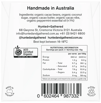 Hunted + Gathered Mint and Nibs chocolate bar, back of pack with ingredients and nutrition information