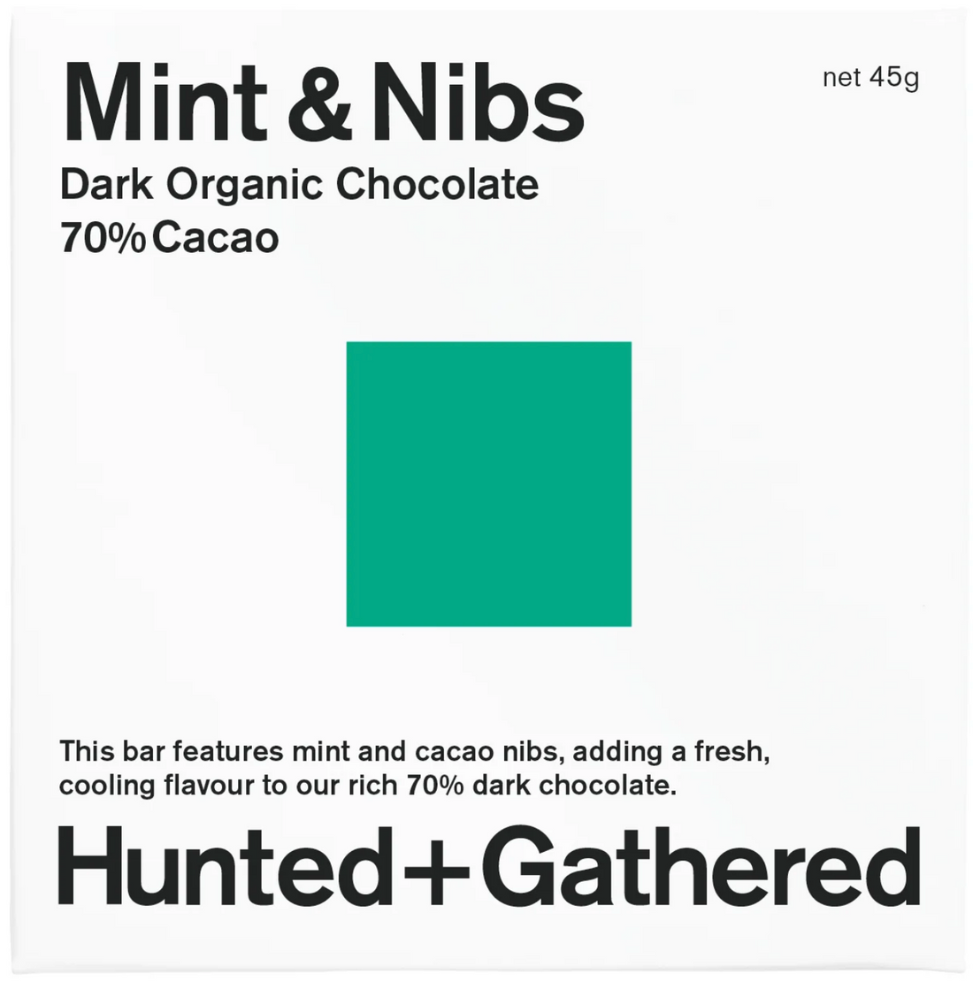 Hunted + Gathered Mint and Nibs 70% dark organic chocolate bar, front of pack