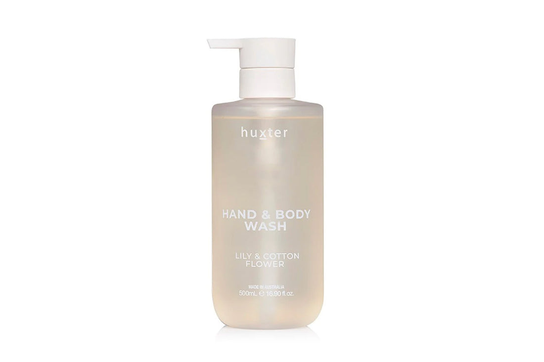 Single bottle of Huxster Lily Cotton Body Wash 500ml on white background 