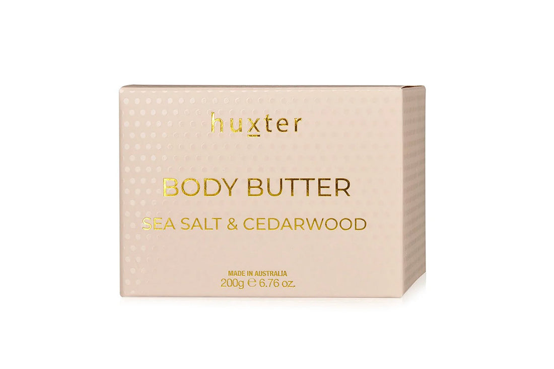 Huxter body butter packaging with &