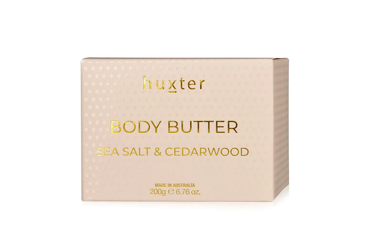 Huxter body butter packaging with &
