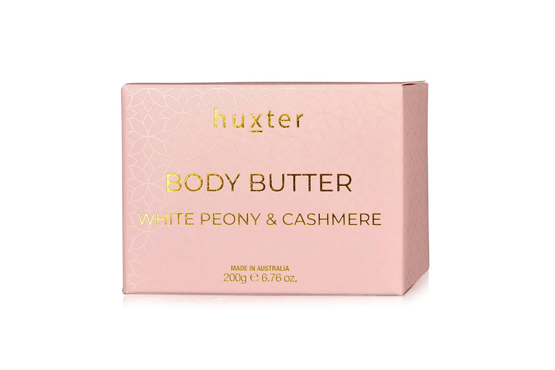 Huxter body butter packaging with &