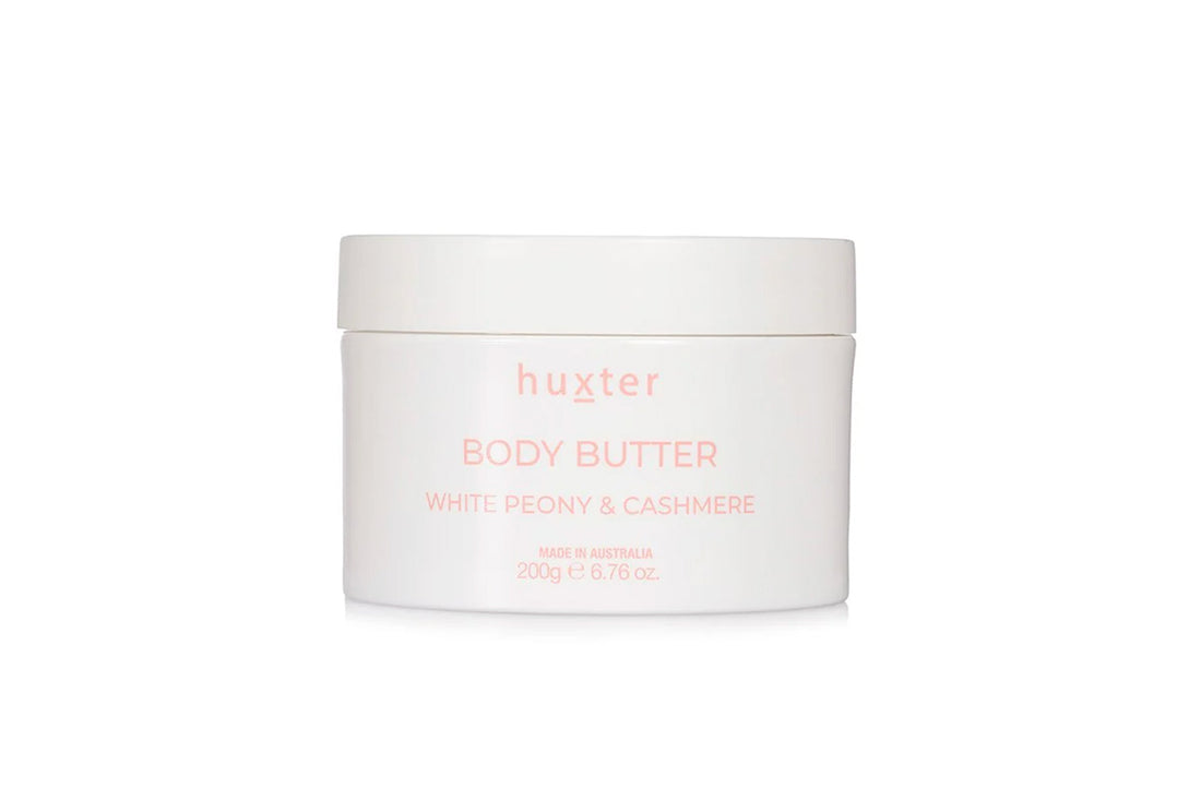 Huxter white peony and cashmere body butter jar on a white background