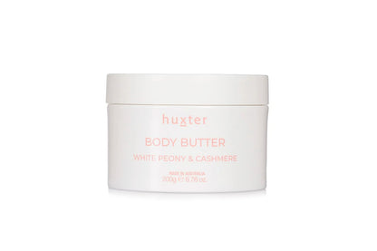 Huxter white peony and cashmere body butter jar on a white background