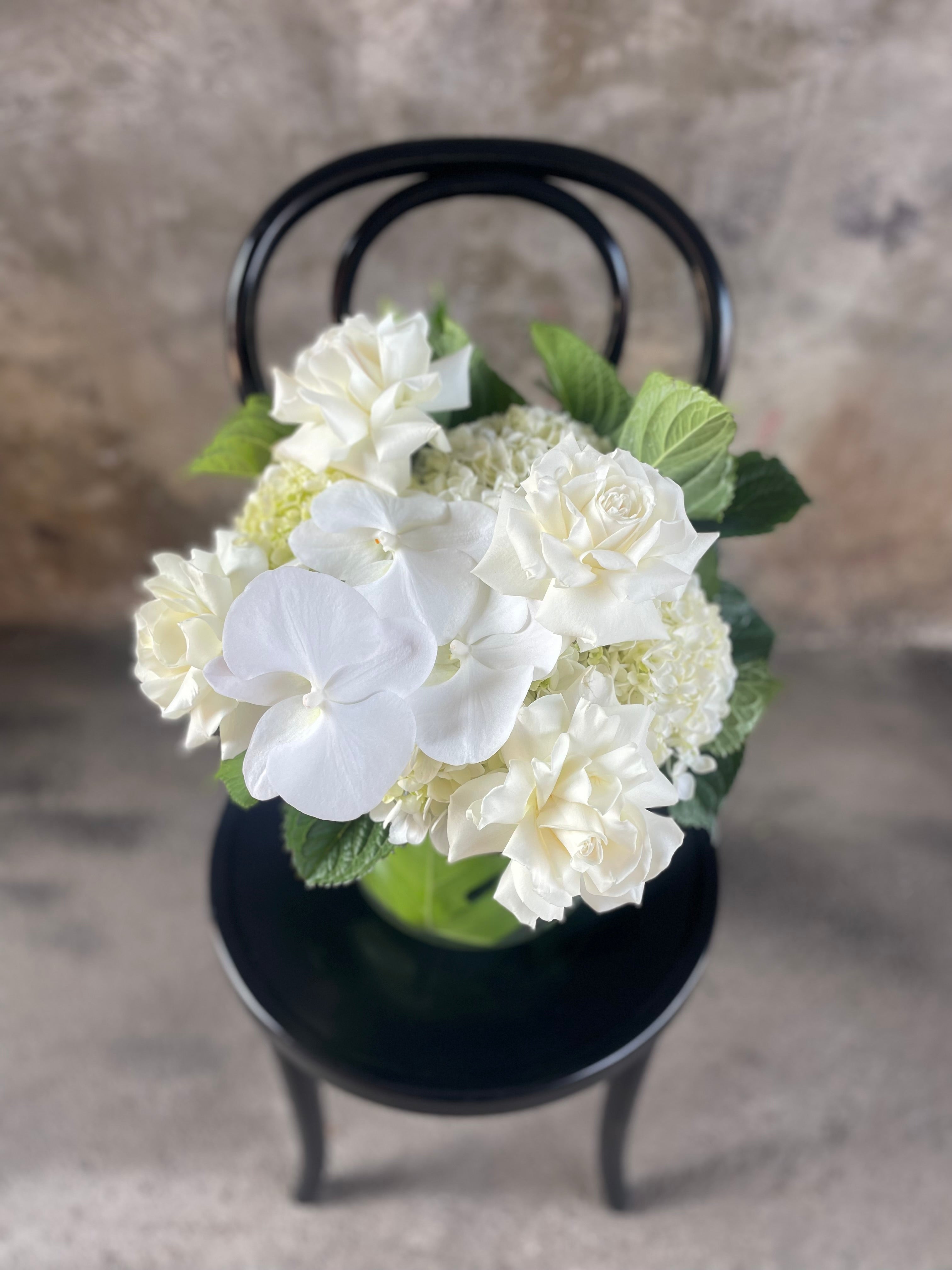 Close up image of White and green flowers displayed in a glass tapered vase, sitting on a black bentwood chair with a concrete wall background.