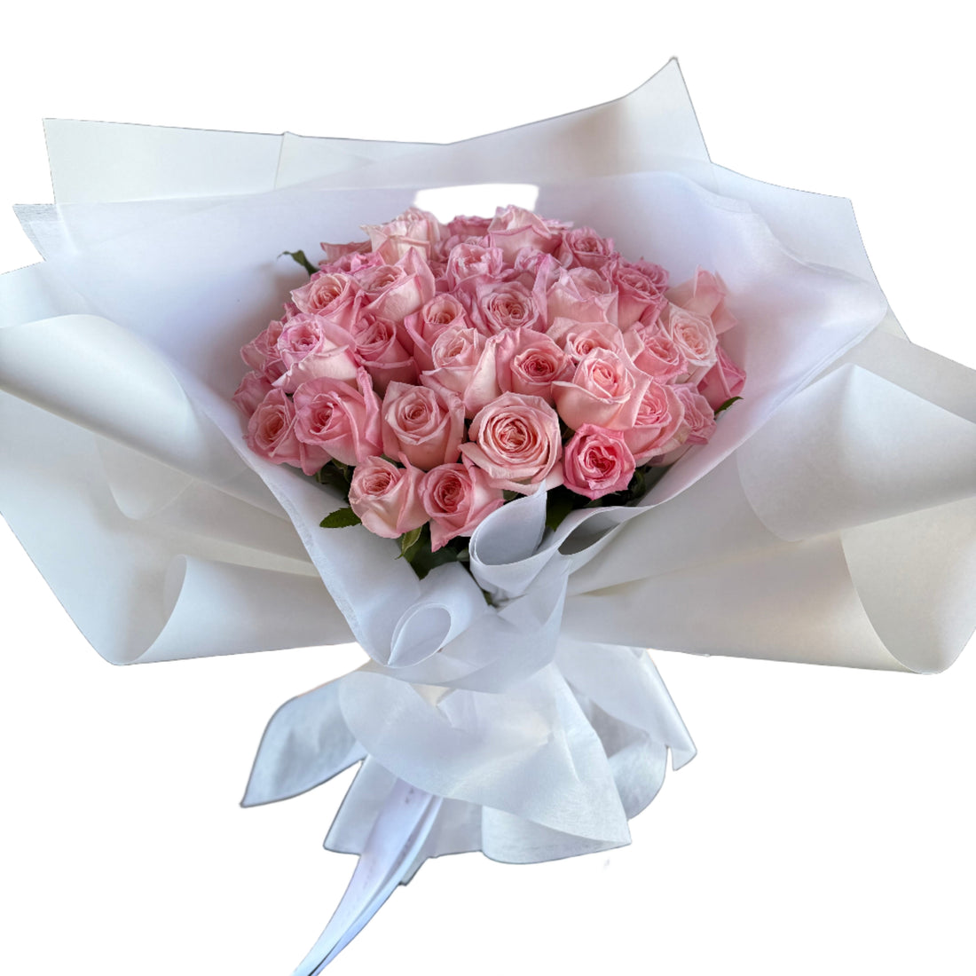 Close up of a large and luxe bouquet of pale pink roses wrapped in white paper held against a white wall.