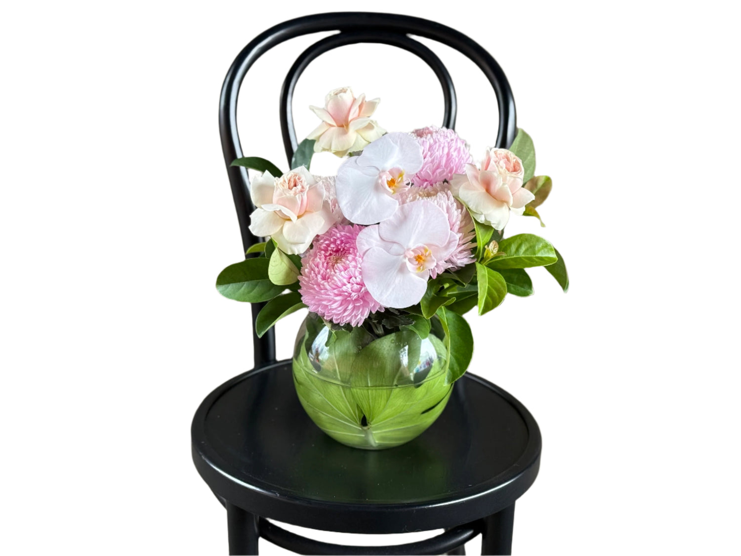 Close up image of a soft pastel pink ball vase design sitting on a black bentwood chair.
