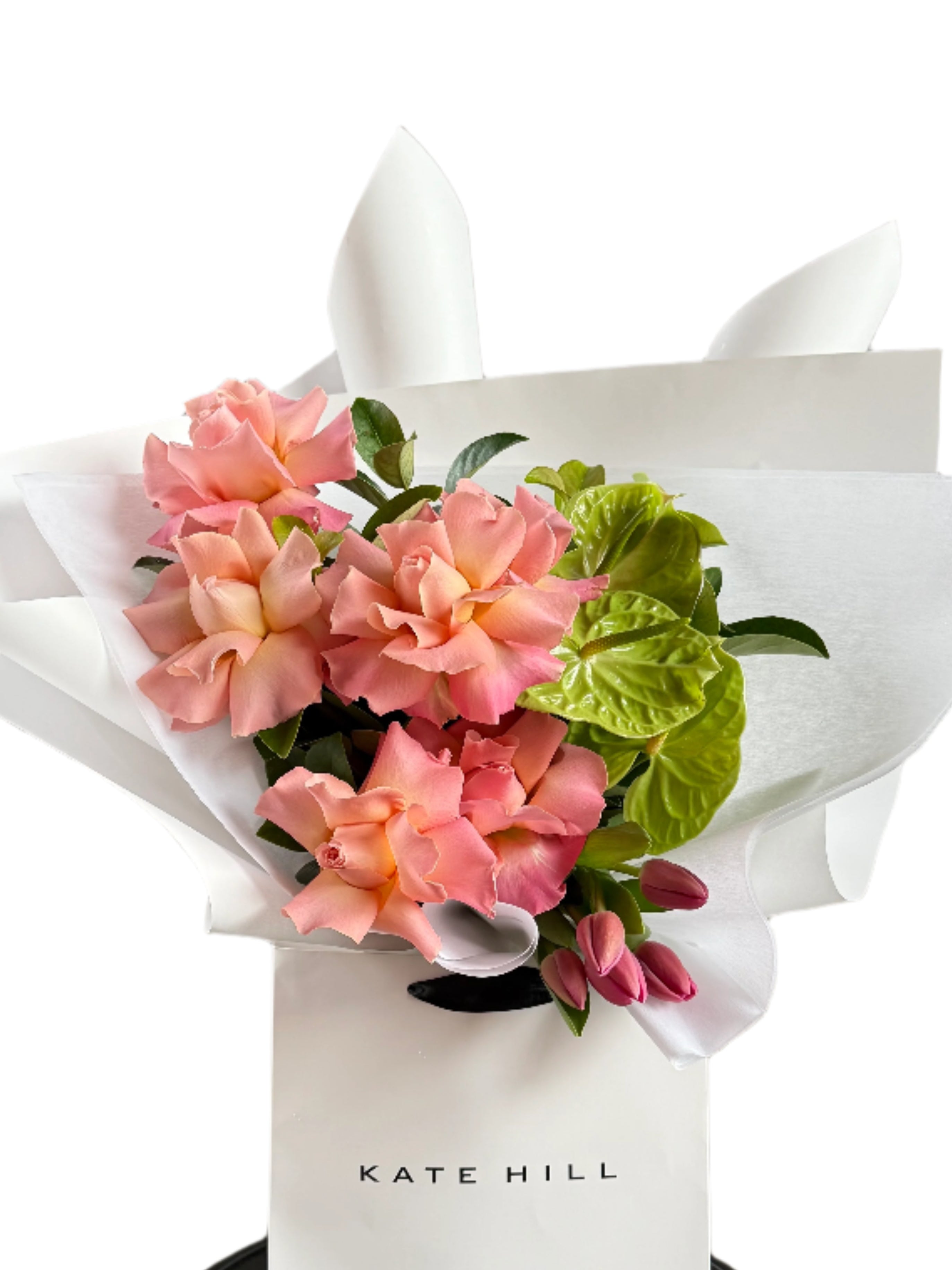 Kate Hill Flowers – large watermelon , pink and green birthday bouquet featuring roses, tulips and anthurium hand-tied.