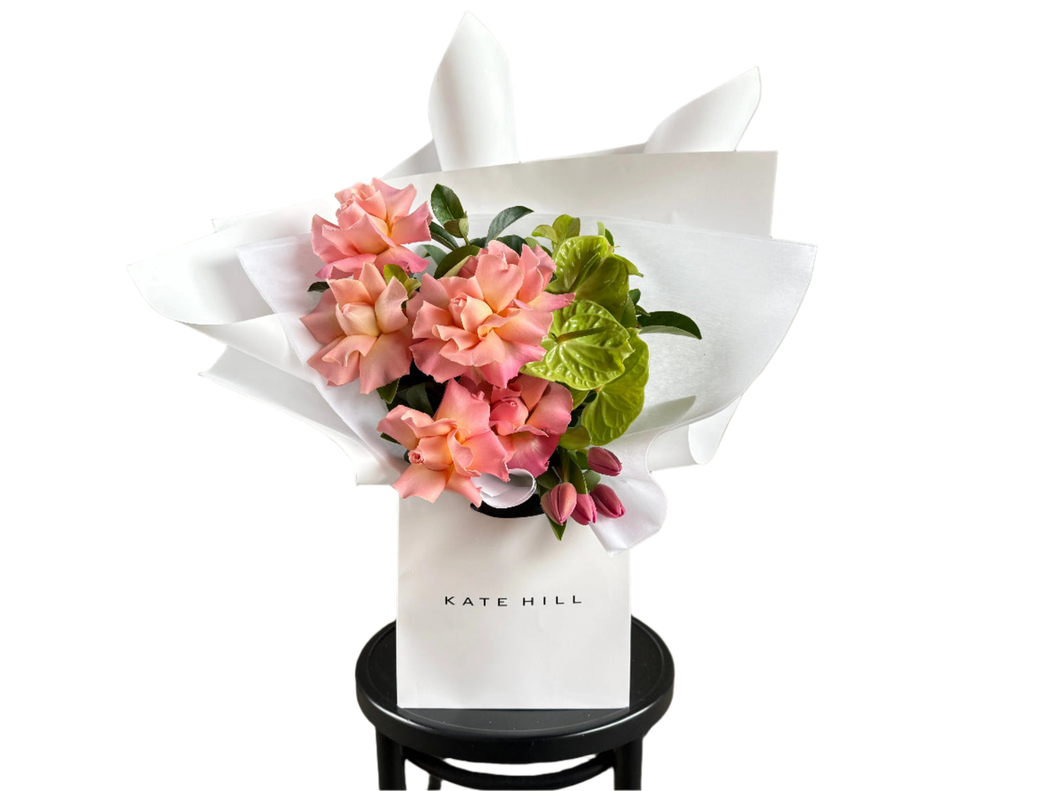 Kate Hill Flowers – large watermelon, pink and green birthday bouquet featuring roses, tulips and anthuriums hand-tied.