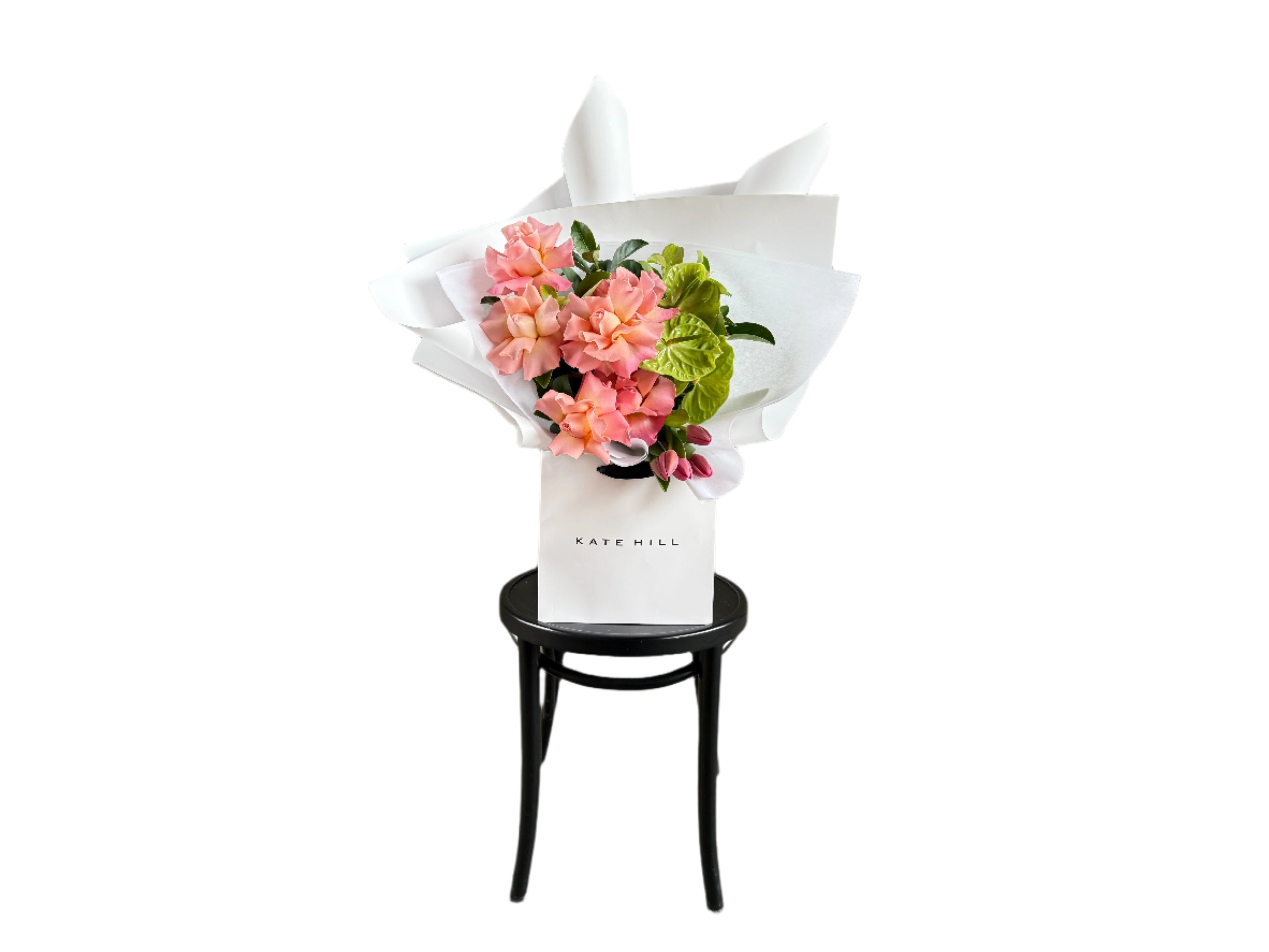Kate Hill Flowers – large watermelon, pink and green birthday bouquet featuring roses, tulips and anthuriums hand-tied.