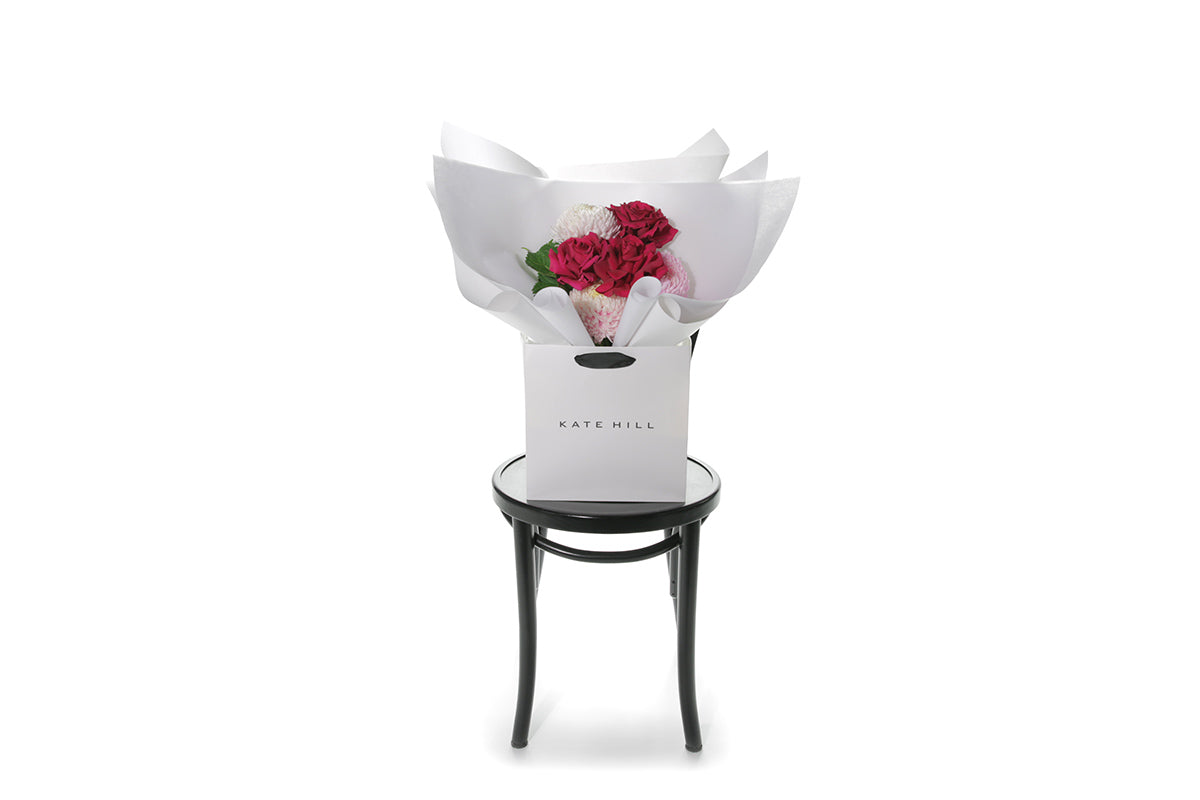 Kate Hill Flowers – small blush and hot-pink birthday posy with Floyd roses, hydrangeas and foliage hand-tied.