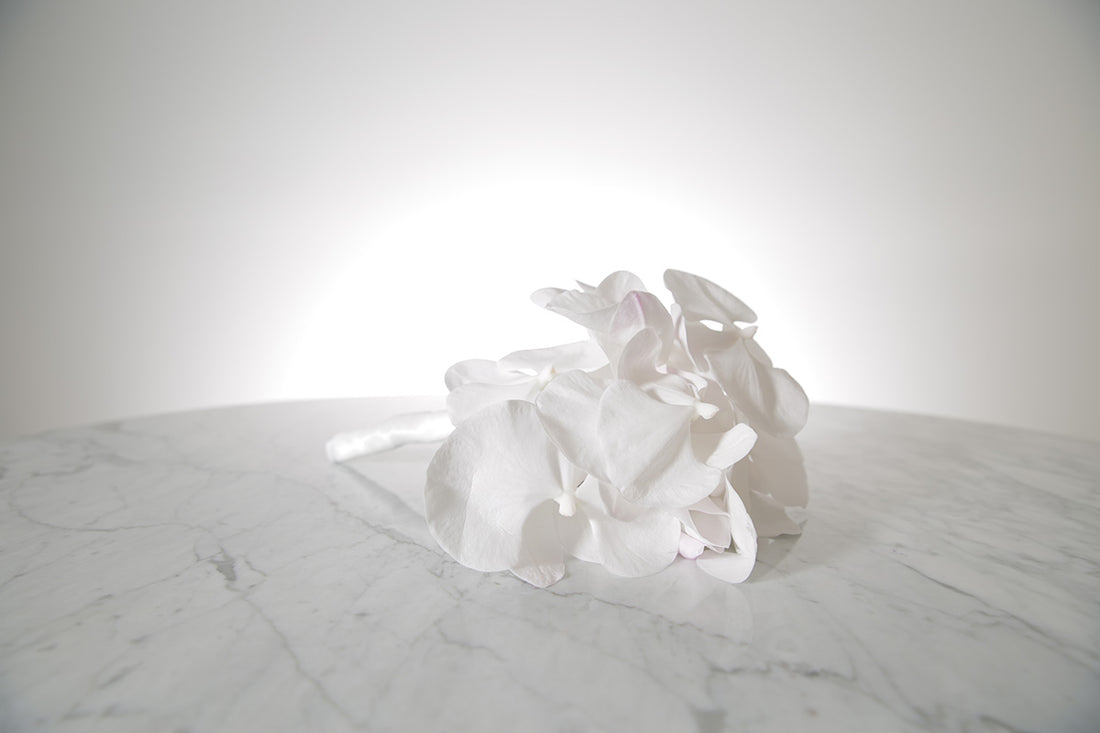 Petite white phalaenopsis orchid bridesmaid bouquet with satin ribbon and pearl pin finish on a marble surface