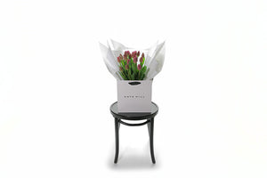 Wide image of the Lexi pink tulip bouquet sitting on chair. Kate Hill flower bag sitting on a black bentwood chair, displaying fresh premium pink tulip bouquet. Bouquet of 20 stems of pink barcelona tulips in image. Gives honest view of the size of the bouquet in the Kate Hill Bag.